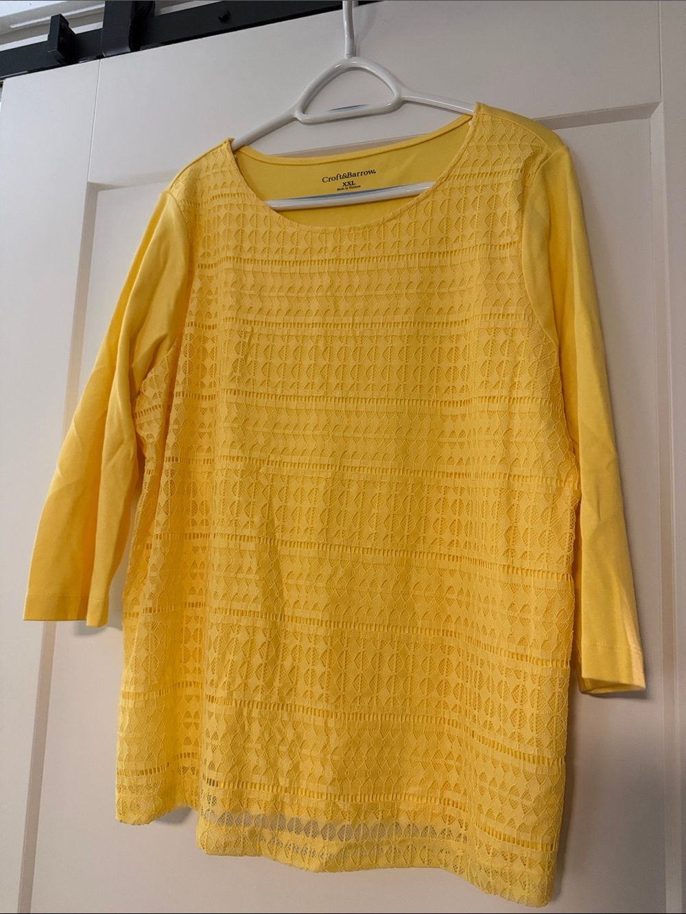 Croft & Barrow Yellow Crochet Overlay 3/4 Sleeve Top